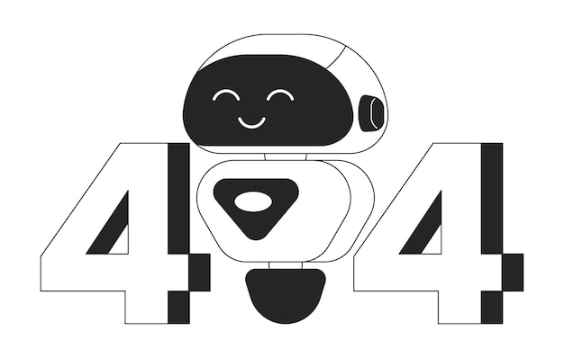 Sonriente chatbot blanco negro error 404 mensaje flash Tecnología moderna Robótica Monocromo estado vacío diseño de interfaz de usuario Página no encontrada popup imagen de dibujos animados Vector contorno plano ilustración concepto