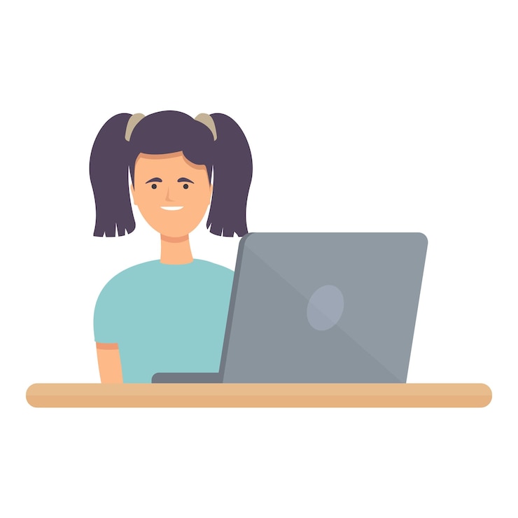 Vector sonriente chica en línea icono dibujos animados vector computadora niño escuela internet