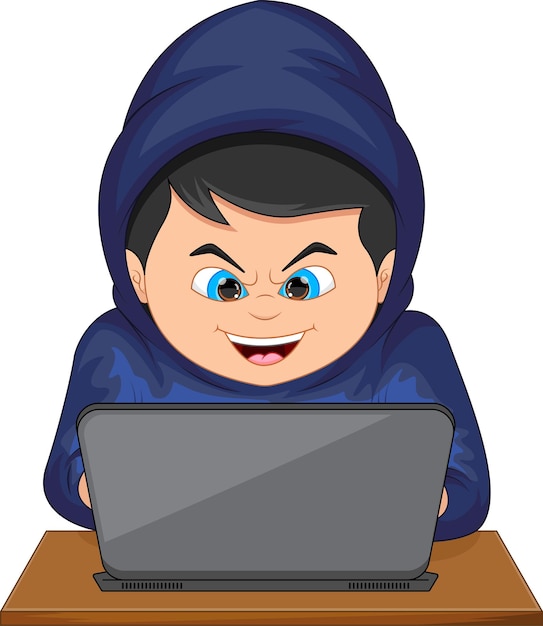 sonriente, hacker, niño, aislado, blanco, plano de fondo