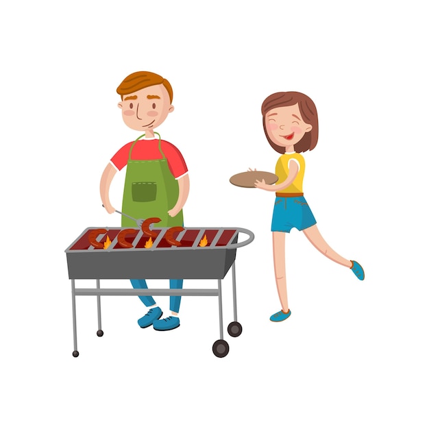 Sonriente hombre y mujer cocinando barbacoa en el brasero metálico vector de dibujos animados ilustración sobre un fondo blanco