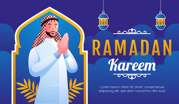 Vector sonriente hombre musulmán dando la bienvenida a ramadán kareem