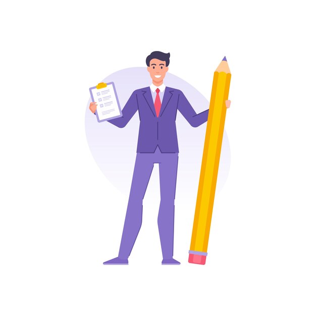 Sonriente hombre pequeño en traje corbata sosteniendo lápiz y portapapeles con lista de tareas planas de vector de marca de verificación