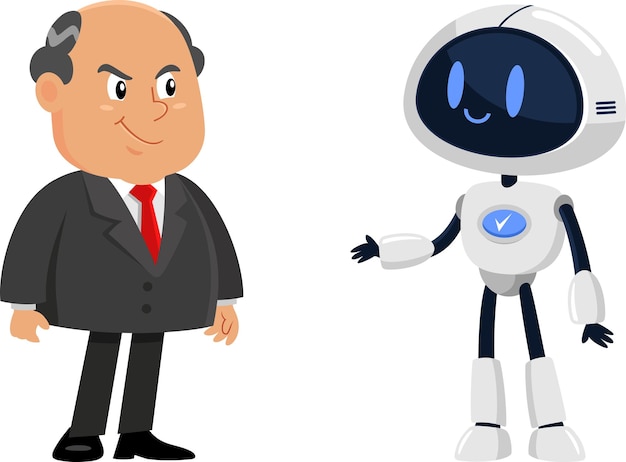 Sonriente jefe de negocios Hombre personaje de dibujos animados y robot IA