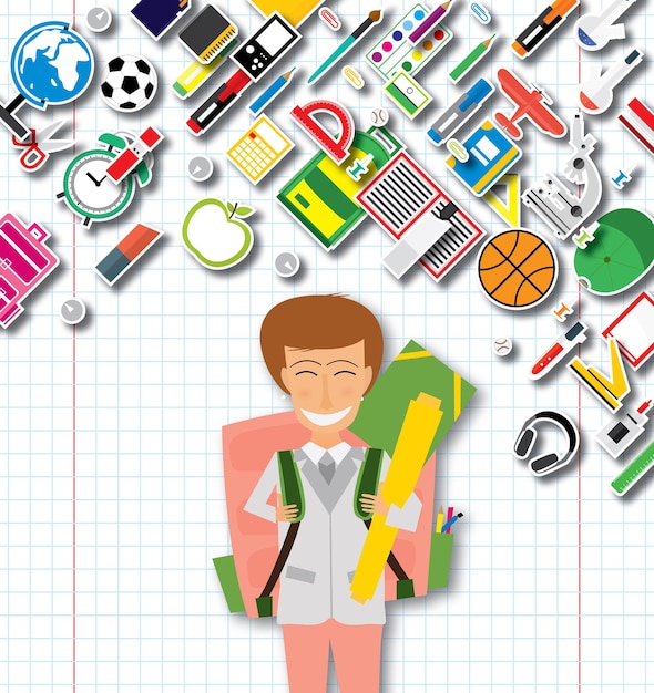 Sonriente joven colegiala en uniforme con mochila rosa y suministros. Ilustración de vector. Concepto de regreso a la escuela.