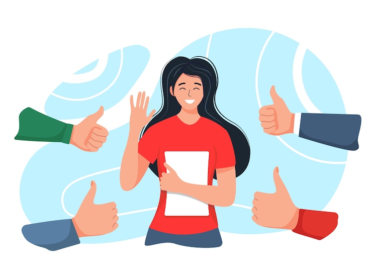 Vector sonriente joven feliz rodeada de manos con los pulgares para arriba. el concepto de aprobación, reconocimiento, aceptación y aprecio del público. ilustración en estilo plano de dibujos animados.