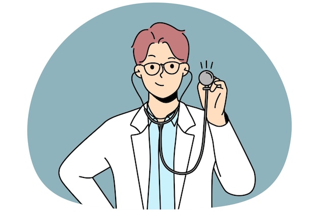 Sonriente joven médico con uniforme médico blanco sostiene el estetoscopio listo para revisar o examinar al paciente feliz médico de cabecera o terapeuta chequeo en el hospital medicina vector ilustración