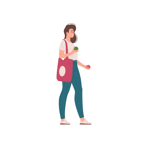 Sonriente joven mujer casual sosteniendo dos manzanas frescas de temporada que van con bolsa de compras vector ilustración plana. mujer moderna feliz que lleva frutas vitamínicas, comida dietética, bocadillos que llevan un bolso de mano