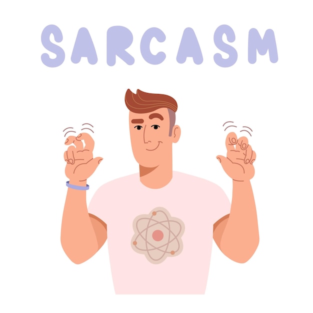 Sonriente joven señalando con los dedos comillas en estilo plano para impresión y diseño Ilustración vectorial