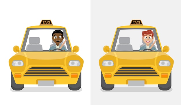 Sonriente joven taxista en su coche.