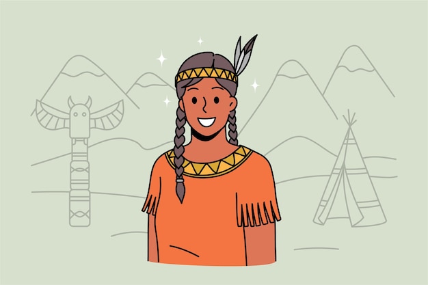 Sonriente mujer india nativa americana en ropas tradicionales