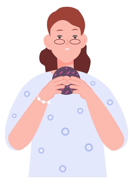 Vector sonriente, mujer joven, con, chocolate, rosquilla, niña, comer, postre