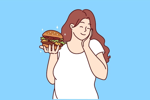 Sonriente mujer con sobrepeso con hamburguesa