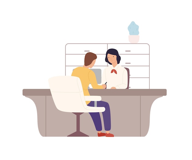 Sonriente mujer trabajadora de banco de dibujos animados y cliente hombre firmando documentos en la ilustración plana de vector de oficina. Mujer colorida que brinda servicios al cliente masculino aislado en blanco. Personas en la oficina de pagos.