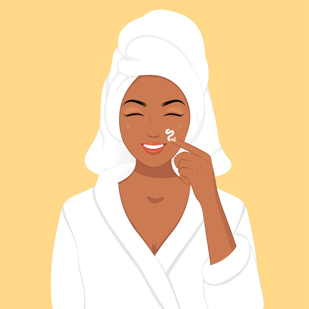 Vector sonriente niña africana aplicando crema facial diaria en albornoz cuidado de la piel concepto de spa de belleza natural