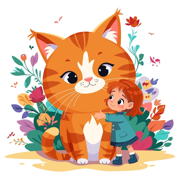 Sonriente niña linda niño abrazando feliz gran jengibre gato tabby dibujos animados ilustración vectorial plana