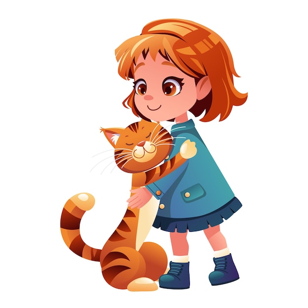 Sonriente niña linda niño abrazando feliz gran jengibre gato tabby dibujos animados vector plano ilustración aislada