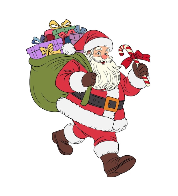 el sonriente Papá Noel llevando una gran bolsa llena de regalos