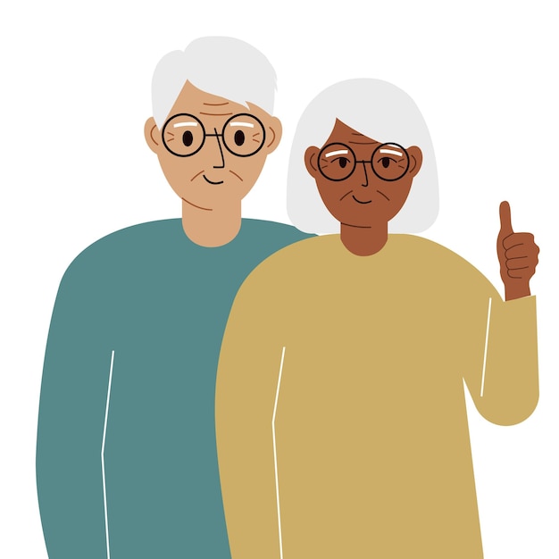 Sonriente pareja de ancianos concepto de buen humor emociones positivas gente feliz hombre y mujer mostrando los pulgares hacia arriba diversión y alegría vector ilustración plana