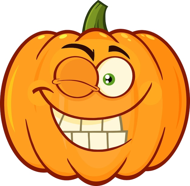 Sonriente personaje de cara de Emoji de dibujos animados de verduras de calabaza naranja con expresión de guiño