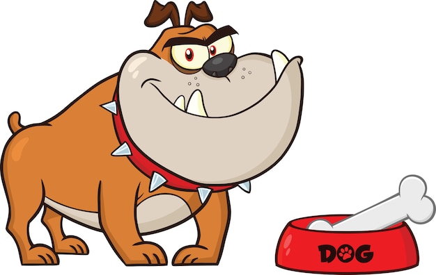 Vector sonriente personaje de dibujos animados de bulldog con tazón y hueso. ilustración