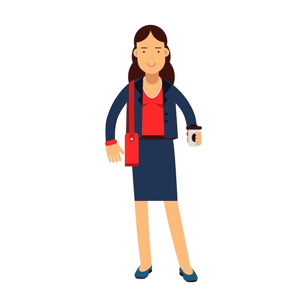 Sonriente personaje de dibujos animados de empresaria en un elegante traje azul y zapatos de pie y sosteniendo la taza de café vector ilustración aislada sobre fondo blanco