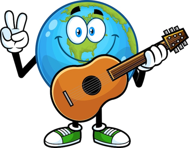 Sonriente personaje de dibujos animados de globo terráqueo con guitarra mostrando signo de mano de paz