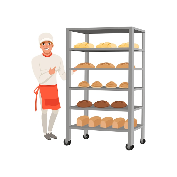 Vector sonriente personaje de panadero de pie junto a la rejilla del pan con pan recién horneado vector ilustración aislada sobre fondo blanco.