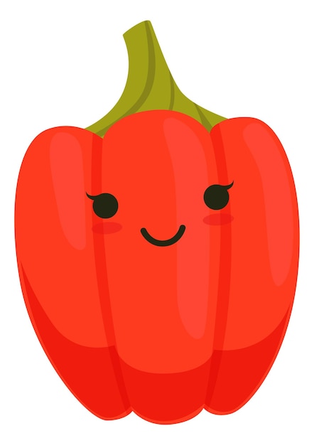 Vector sonriente pimiento rojo personaje de dibujos animados kawaii aislado sobre fondo blanco.