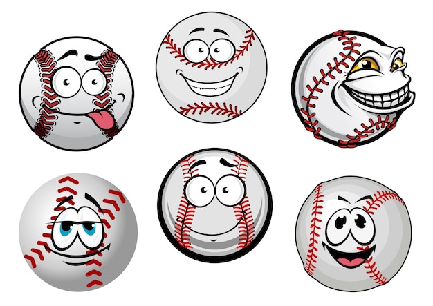 Sonrientes personajes de dibujos animados de pelotas de béisbol