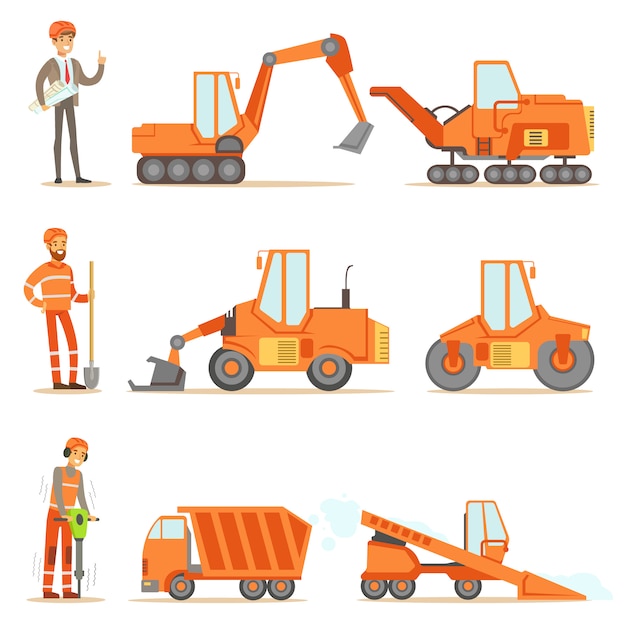 Sonrientes trabajadores de construcción y reparación de carreteras en camiones uniformes y pesados en el sitio de construcción Conjunto de ilustraciones de dibujos animados