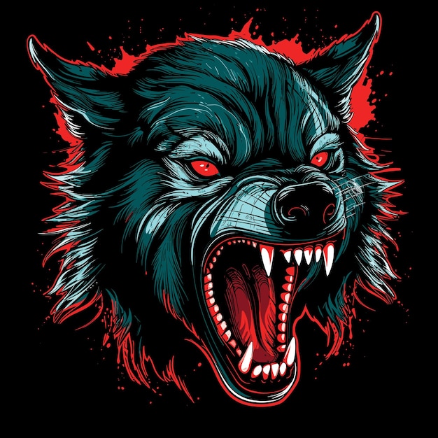 La sonrisa de una bestia salvaje. Retrato aislado de primer plano de un lobo malvado y aterrador con las mandíbulas abiertas en estilo de arte vectorial. Criatura mítica de hombre lobo. Plantilla para camiseta, pegatina, etc.