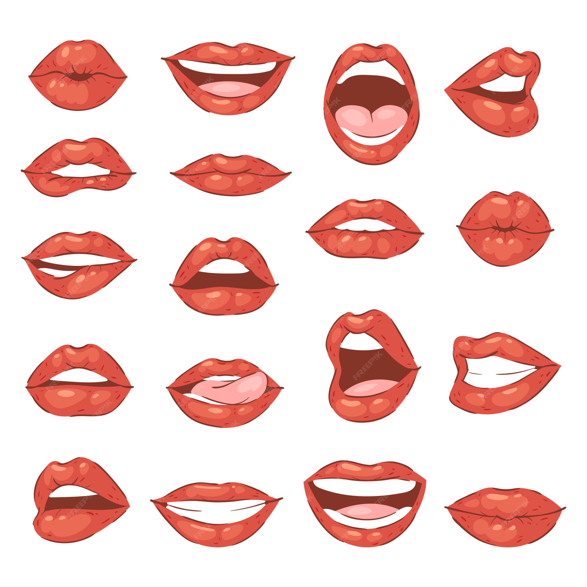 Sonrisa de dibujos animados de beso de labios y hermosos labios rojos o  lápiz labial de moda y besos de boca sexy encantador en el día de san  valentín conjunto ilustración aislado