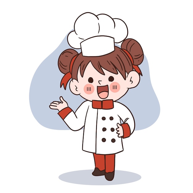 Sonrisa feliz niña chefkid cocina conceptdoodle dibujado a mano ilustración vectorial