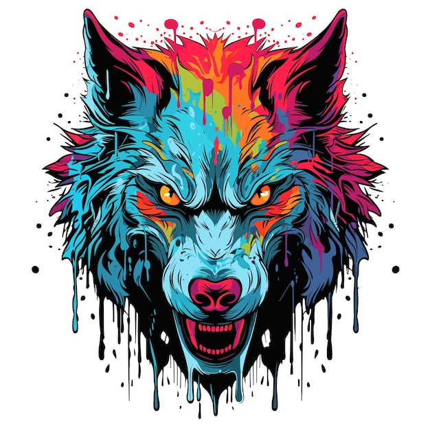 La sonrisa de una fiera salvaje. Retrato aislado de un lobo malvado y aterrador con mandíbulas abiertas en estilo de arte vectorial. Criatura mítica del hombre lobo. Plantilla para camiseta, pegatina, etc.