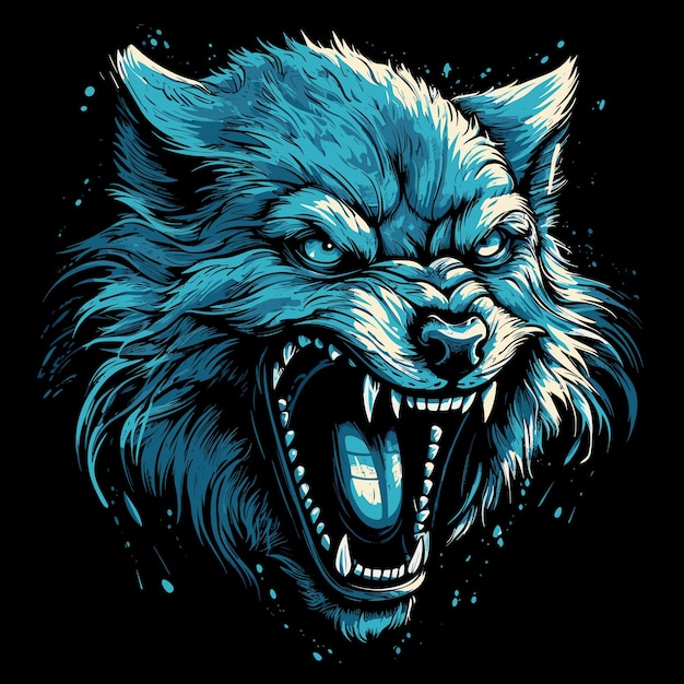 La sonrisa de una fiera salvaje. Retrato aislado de un lobo malvado y aterrador con mandíbulas abiertas en estilo de arte vectorial. Criatura mítica del hombre lobo. Plantilla para camiseta, pegatina, etc.