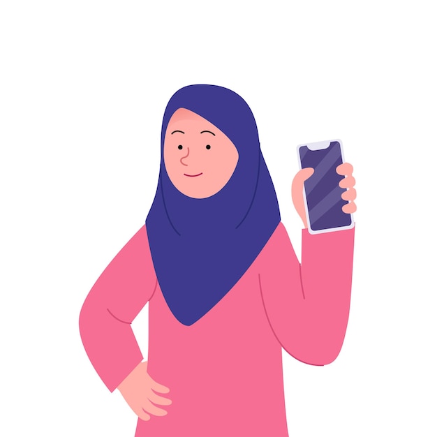 Sonrisa mujer árabe hijab mostrando el teléfono inteligente