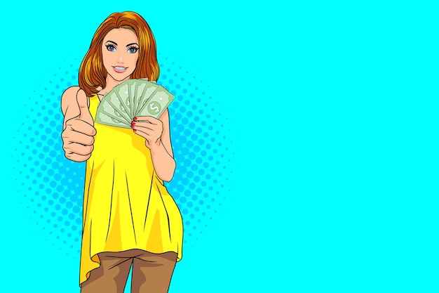 Vector sonrisa a mujer mostrando gesto de dinero con el pulgar hacia arriba con estilo cómic retro del arte pop espacial.