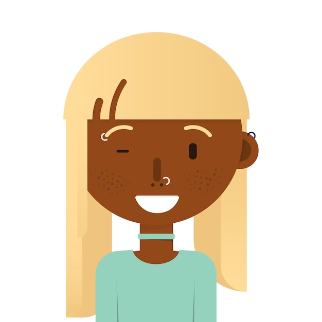 Sonrisa niña africana con cabello rubio avatar pirsing auriculares Estilo plano sobre fondo blanco