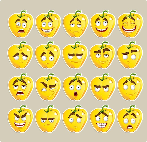 Vector sonrisa de pimienta búlgara amarilla de dibujos animados vectoriales con muchas expresiones