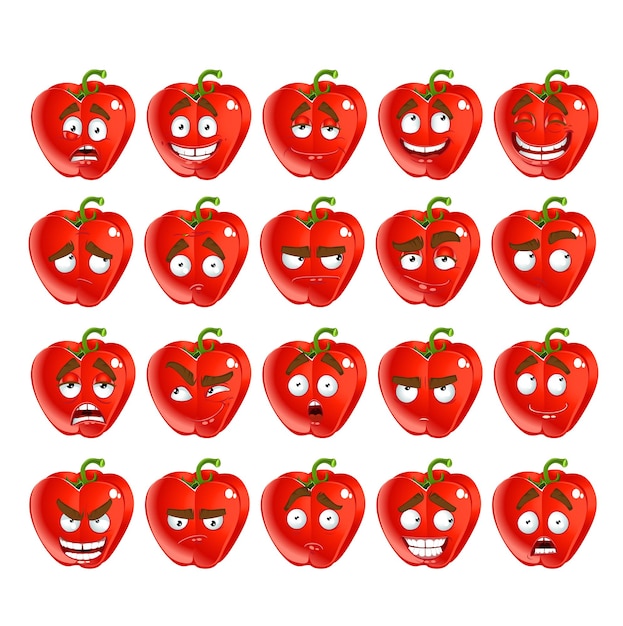 Sonrisa de pimienta búlgara roja de dibujos animados lindo vector con muchas expresiones