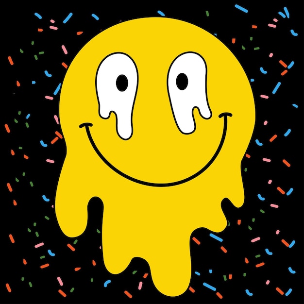 Vector sonrisa que gotea emoji positivo pegatina trippy linda sonrisa derretida cara dibujos animados divertidos y2k estética póster