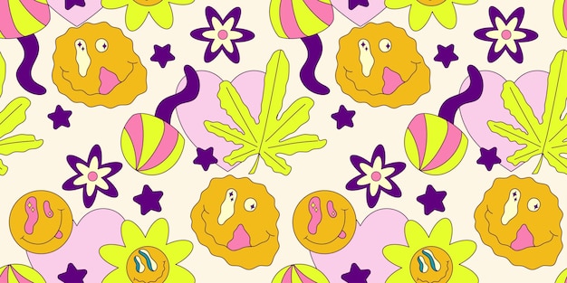 Sonrisa trippy de patrones sin fisuras con cannabis y setas Impresión psicodélica hippy groovy Buen estado de ánimo de los años 60 y 70 Ilustración loca trippy vectorial Cara de sonrisa de patrones sin fisuras estilo y2k