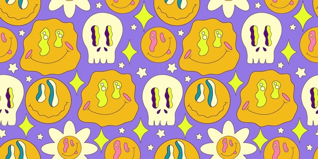Sonrisa trippy de patrones sin fisuras con margarita y calavera Impresión psicodélica hippy groovy Buen estado de ánimo de los años 60 y 70 Ilustración loca trippy vectorial Cara de sonrisa de patrones sin fisuras estilo y2k