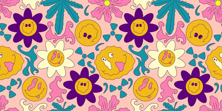 Vector sonrisa trippy de patrones sin fisuras con margarita y cannabis estampado psicodélico hippy groovy buen estado de ánimo de los años 60 y 70 ilustración loca trippy vectorial cara de sonrisa de patrones sin fisuras estilo y2k