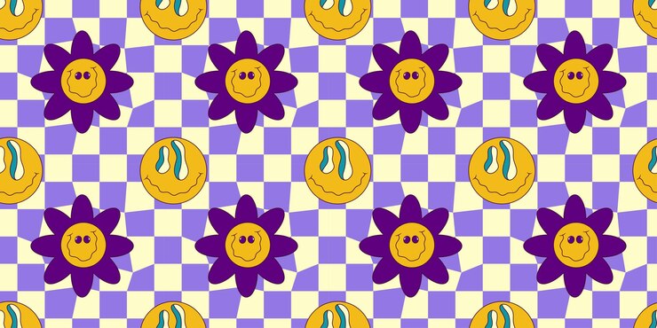 Vector sonrisa trippy de patrones sin fisuras con margarita y tablero de ajedrez estampado psicodélico hippy groovy buen estado de ánimo de los años 60 y 70 ilustración loca trippy vectorial cara de sonrisa de patrones sin fisuras estilo y2k
