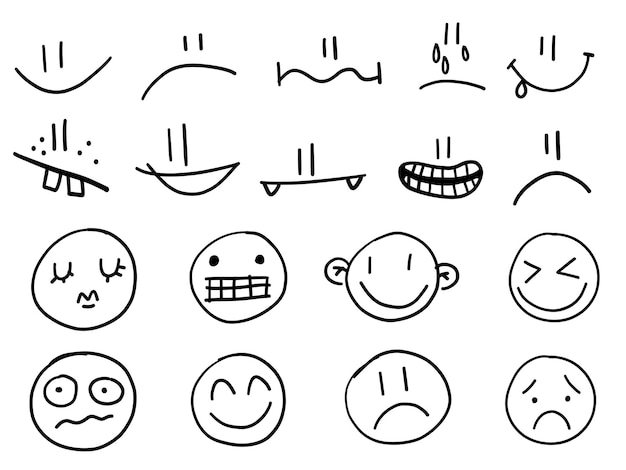 Sonrisas bonitas caras dibujadas a mano guiño guiño llorando feliz triste emoción personaje