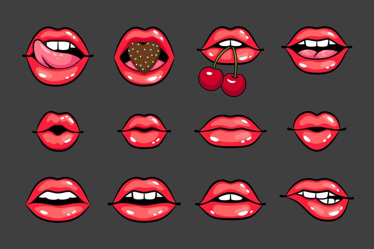 Vector sonrisas sexy brillantes. labios de mujeres hermosas de dibujos animados con cereza y corazón, sonrisas glamorosas con dientes y lengua, concepto de ilustración vectorial de besos sensuales aislados sobre fondo oscuro