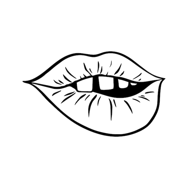 Sontour de labios femeninos en estilo de arte retropop Boca con un labio mordido Ilustración de contorno vectorial