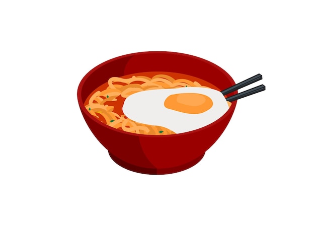 Sopa caliente de fideos en un tazón con huevo frito en la parte superior Ilustración plana simple
