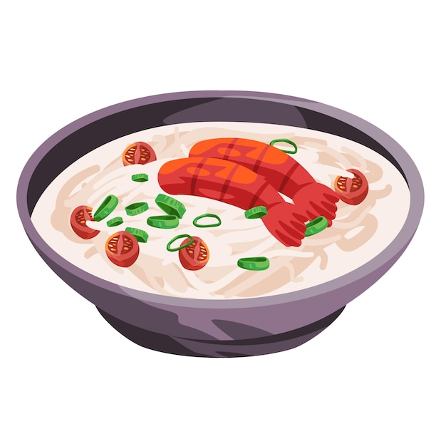 Vector sopa de camarón con leche de coco blanco porridge tradicional chino comida asiática dibujo ilustración